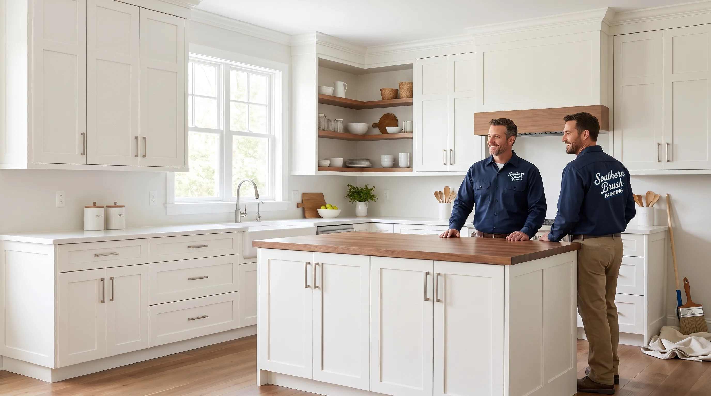 Bright kitchen with refinished cabinets and Southern Brush Painting crew