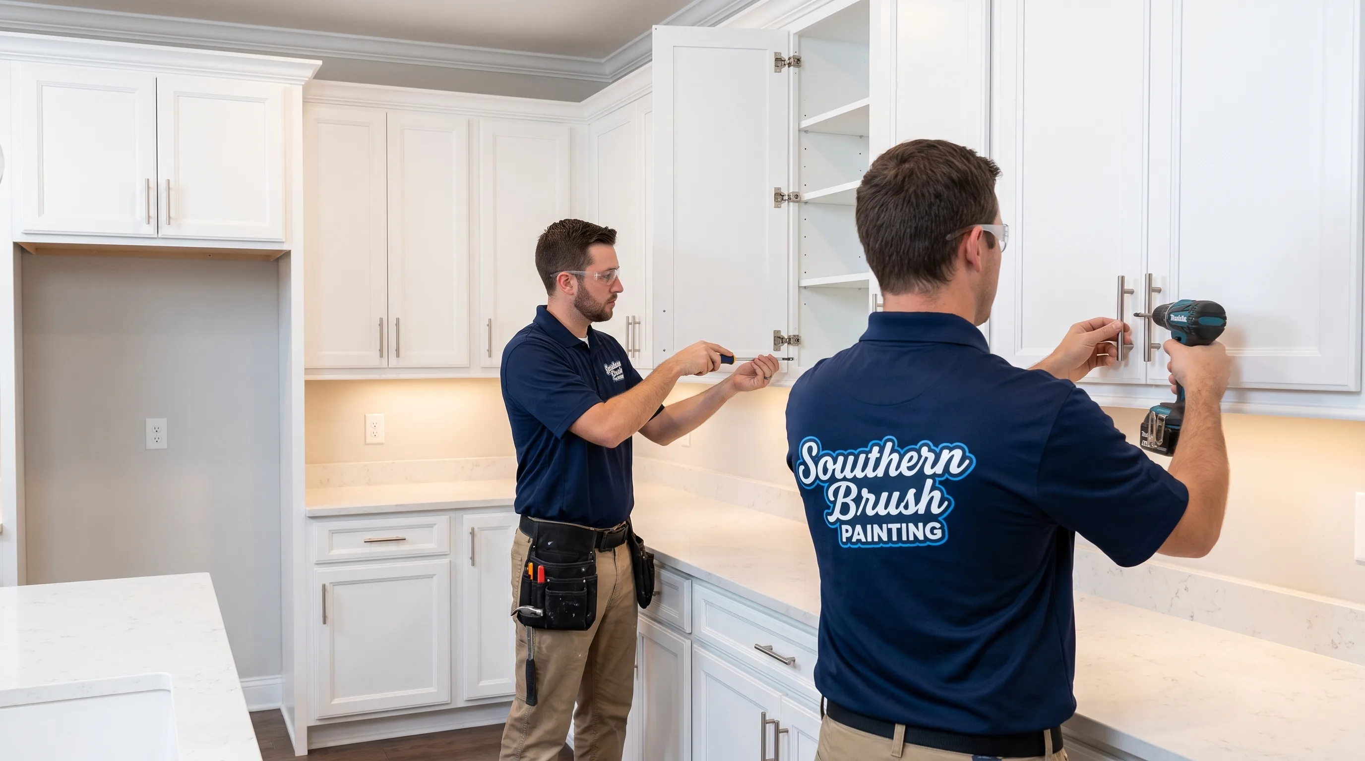 Southern Brush Painting team preparing cabinet work in a kitchen