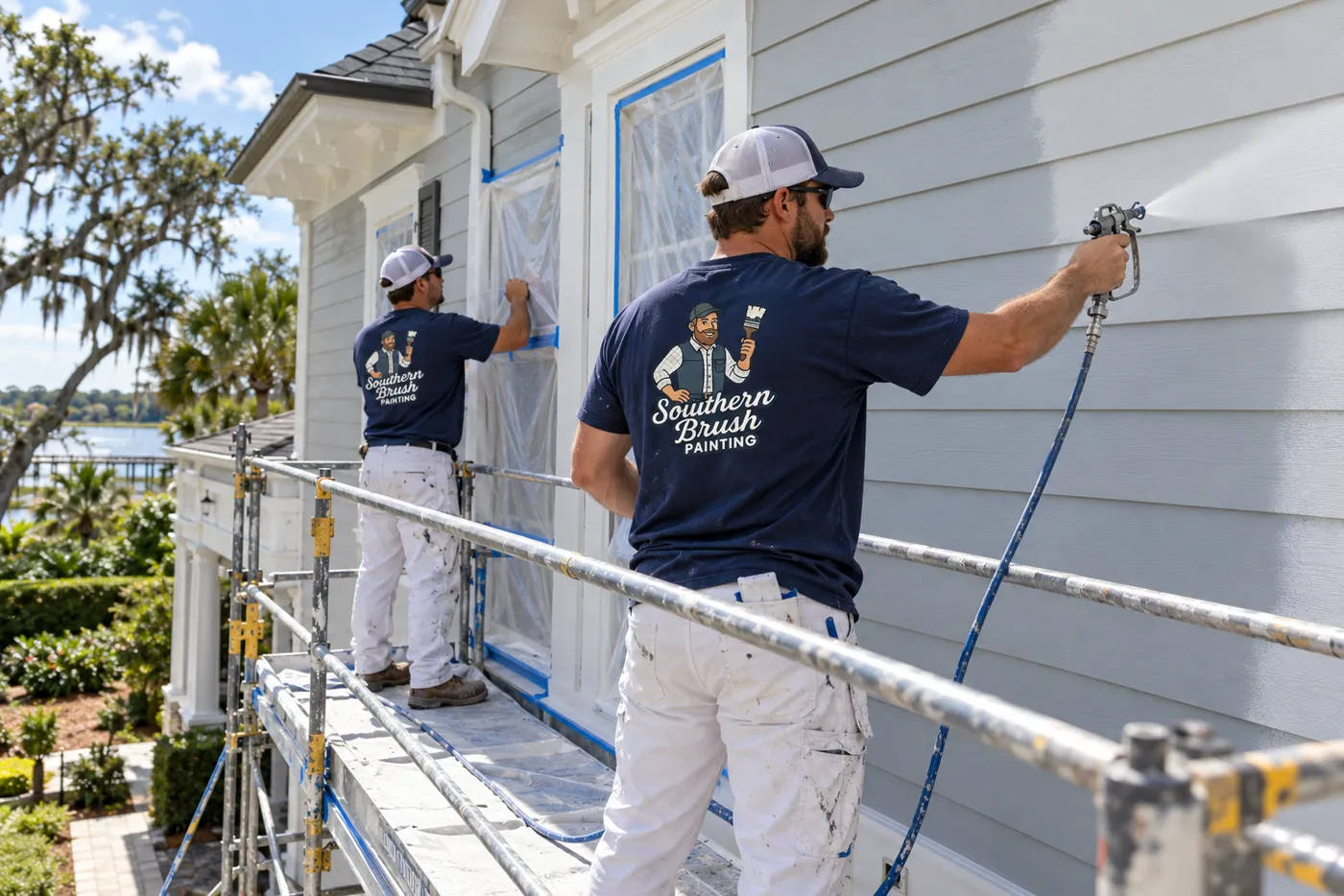 Painter spraying house siding from scaffolding