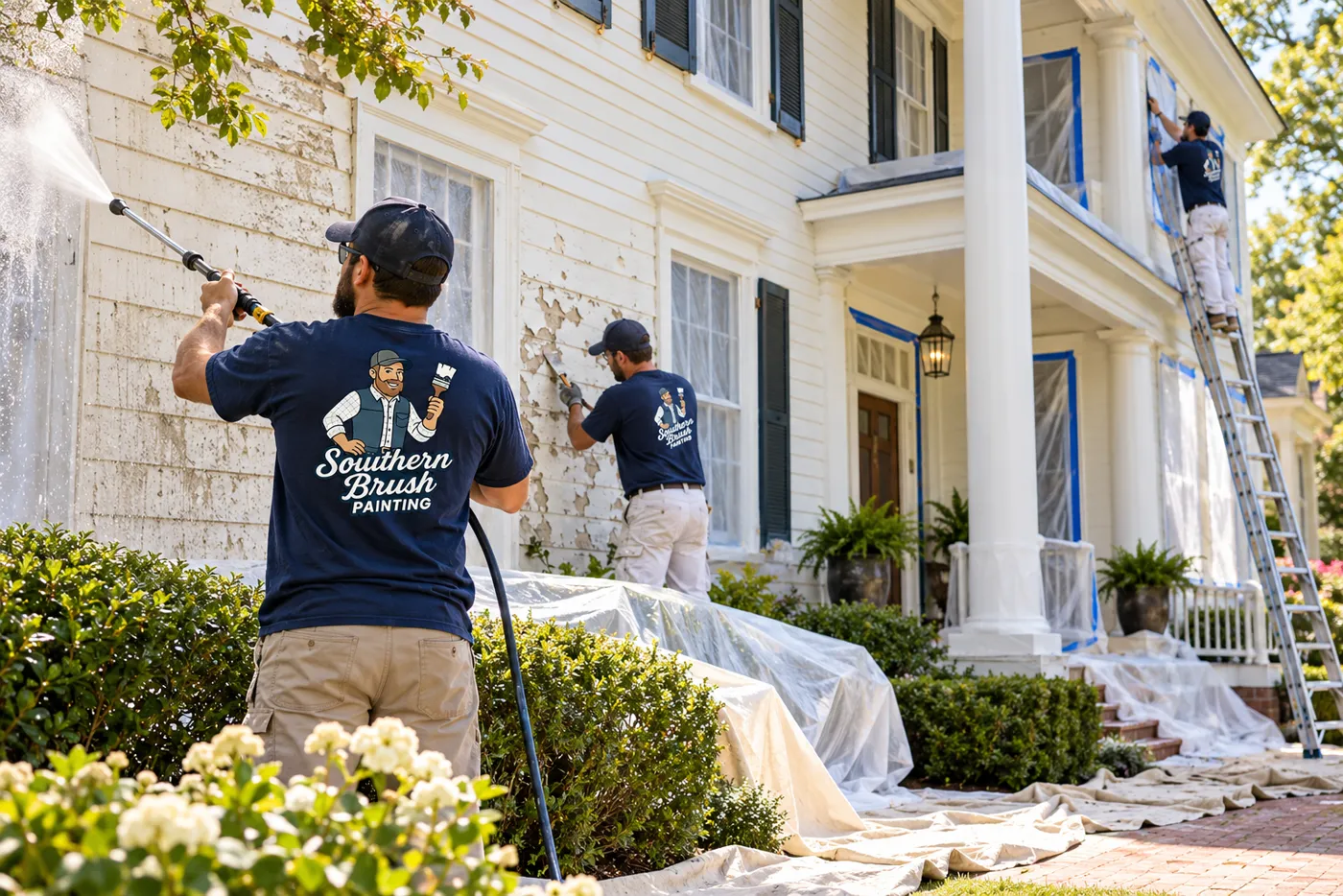 Painter pressure washing and scraping peeling exterior paint