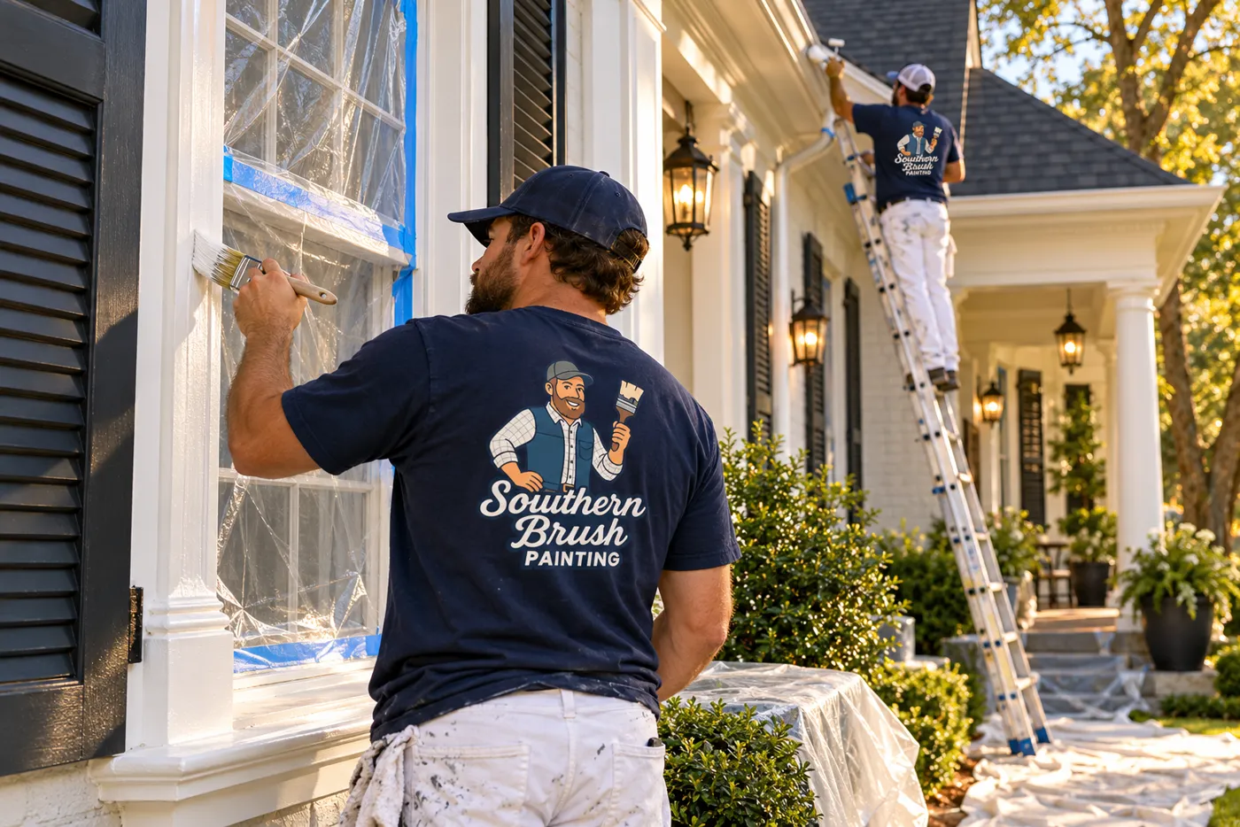 Painter brushing window trim on a home exterior