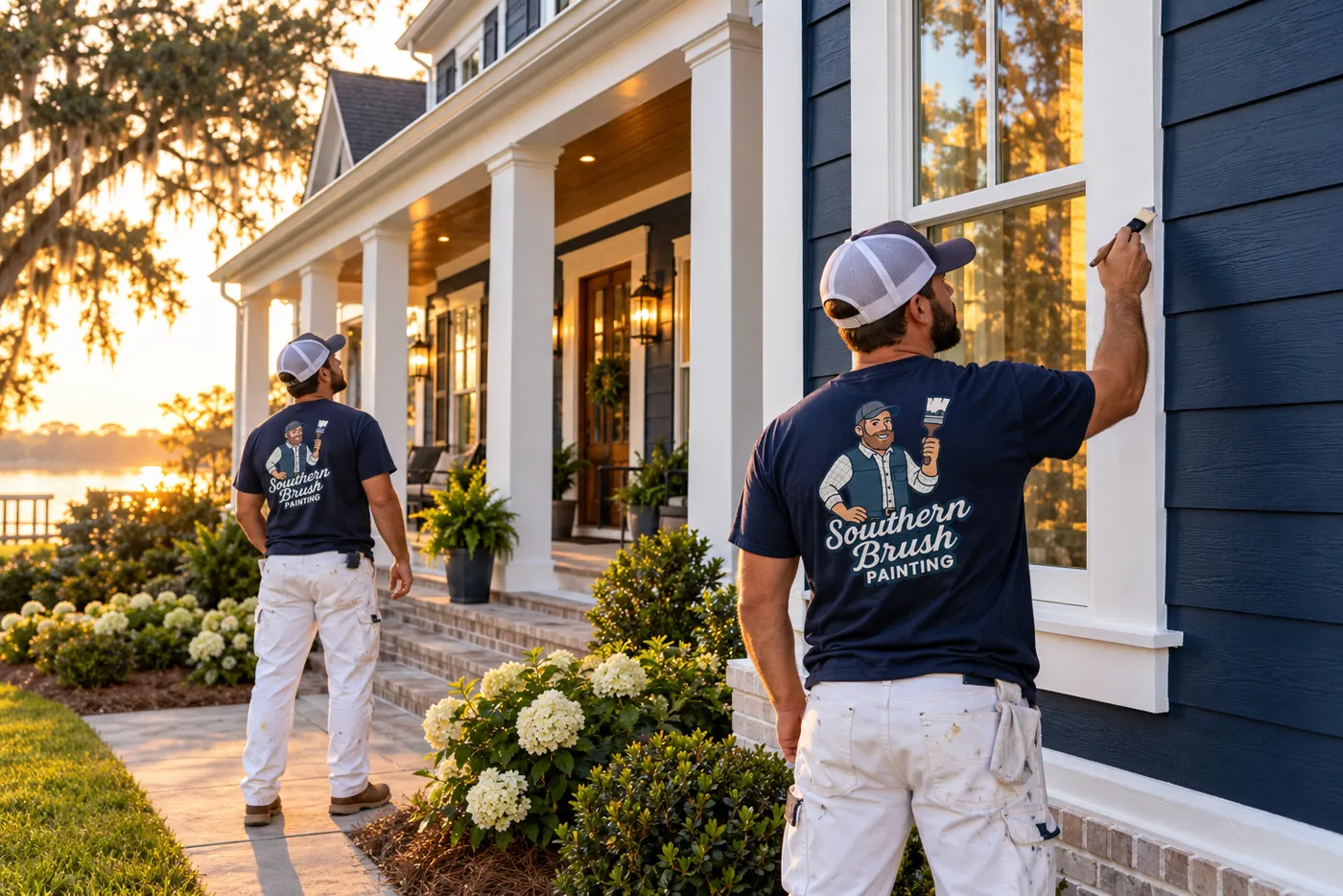 Painter detailing trim on a navy-sided home
