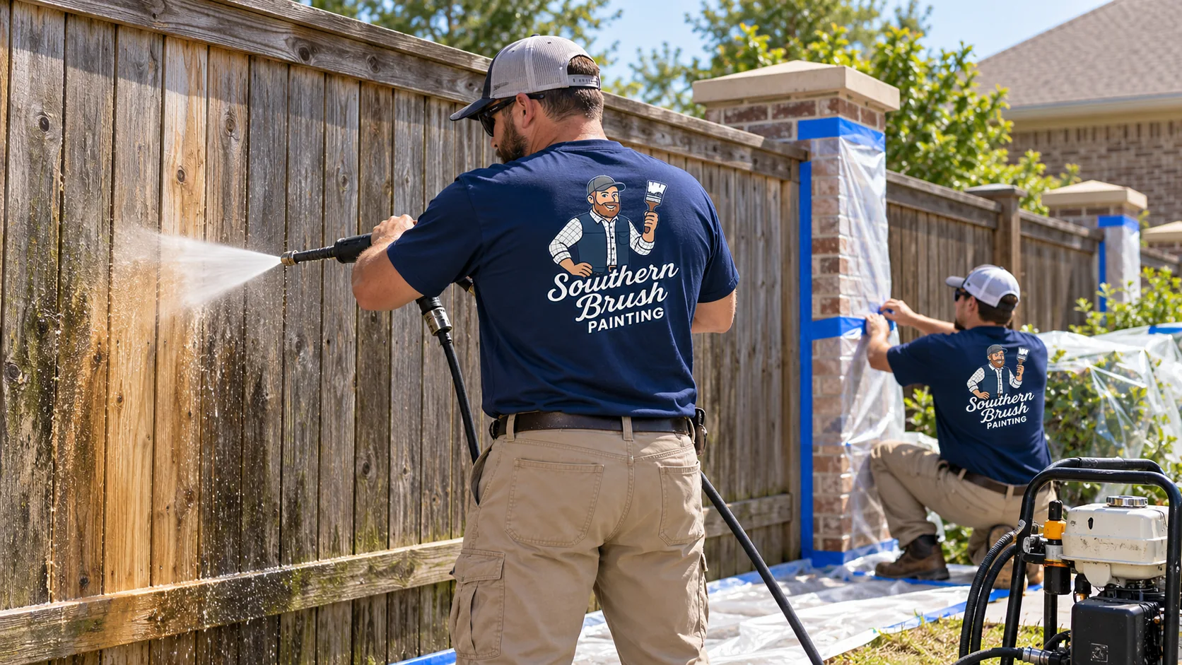 Pressure washing a wood fence before painting