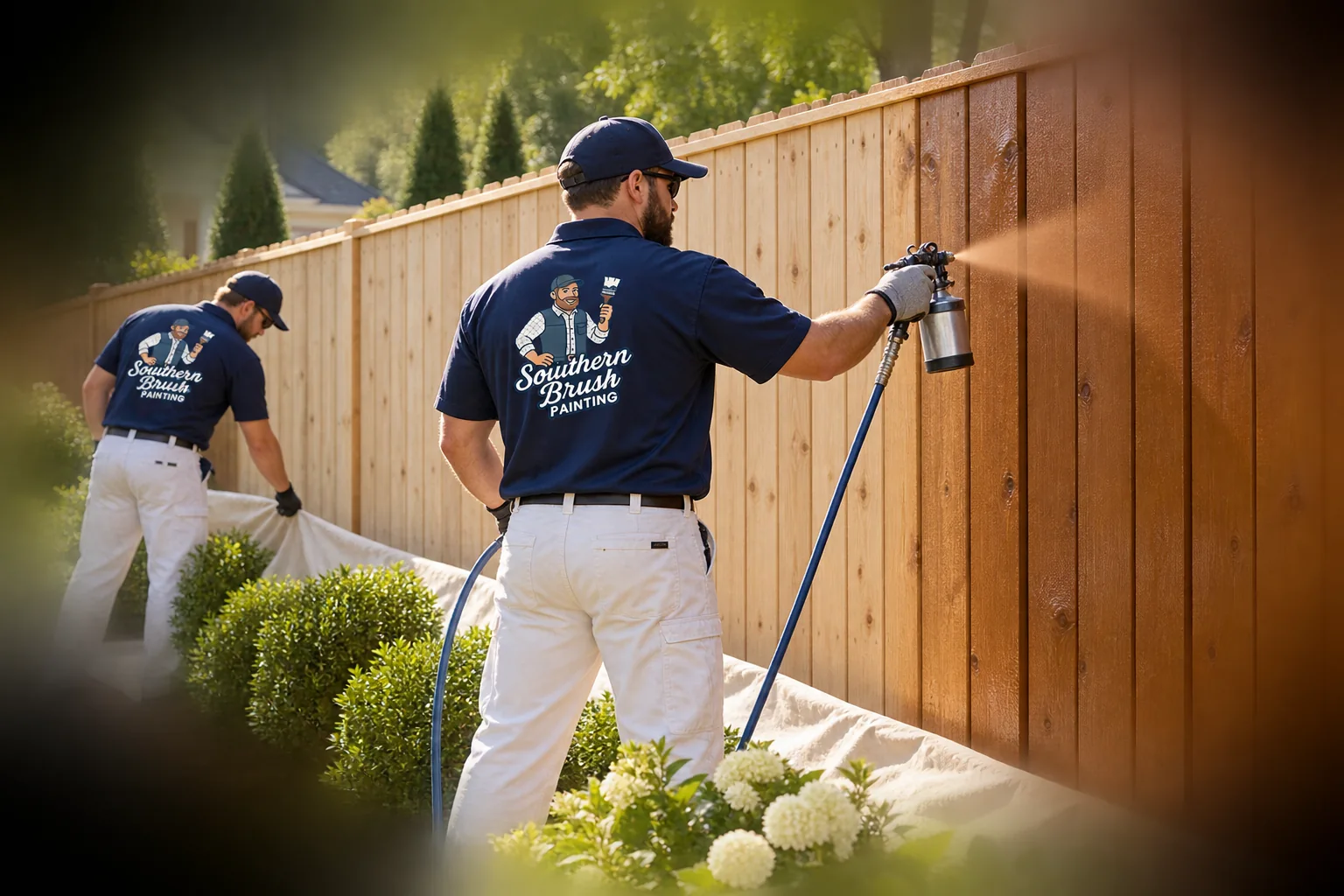 Illustrative image of a painter spraying finish onto a wood fence