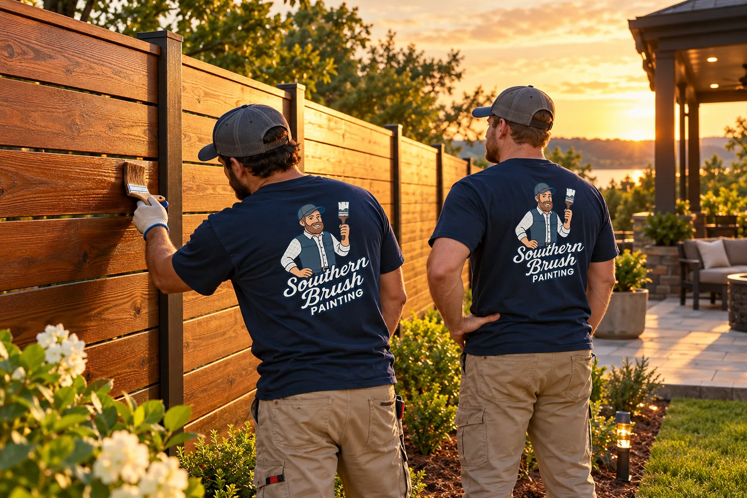 Illustrative image of two painters working along a backyard fence