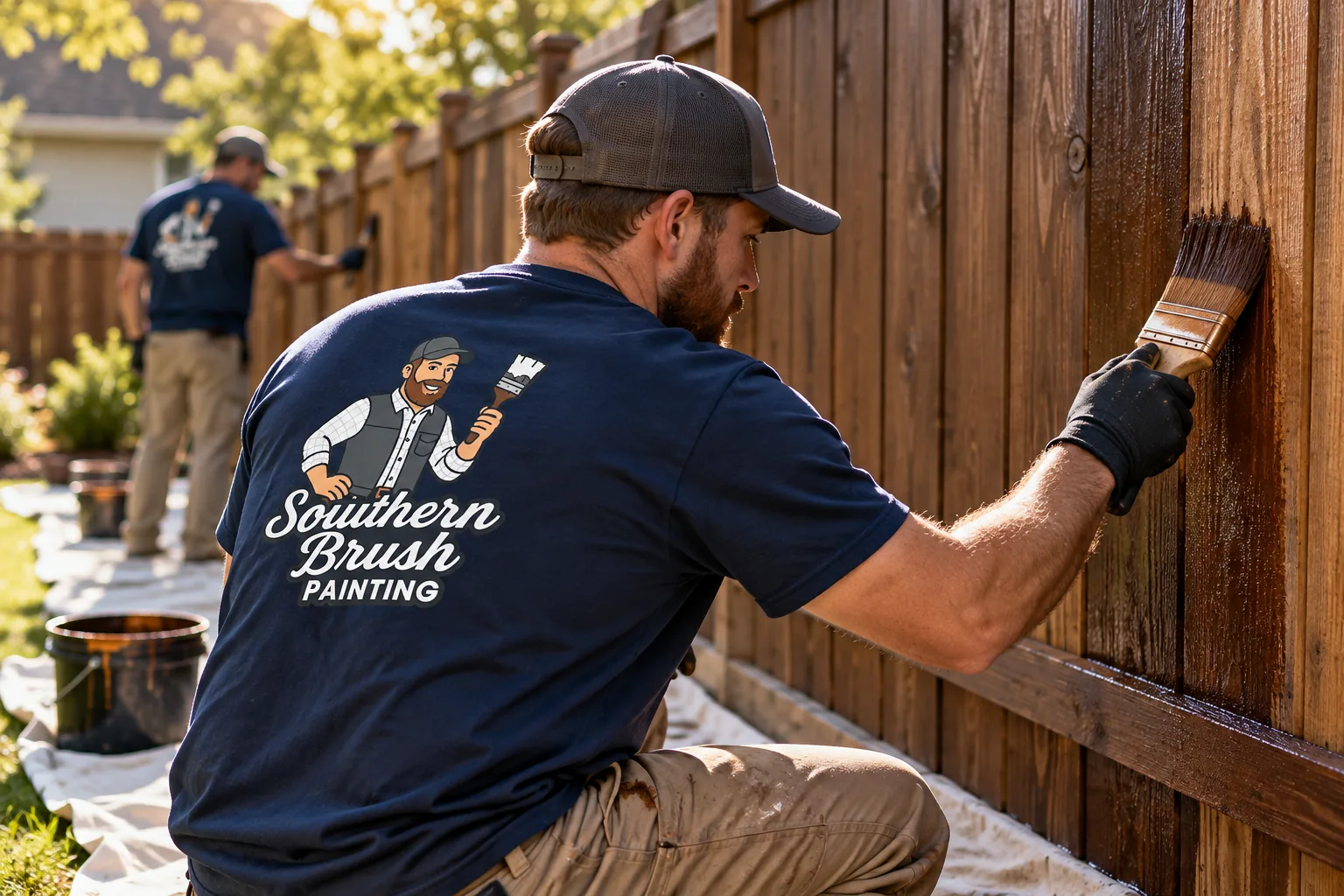 Illustrative image of a painter brushing finish onto a wood fence