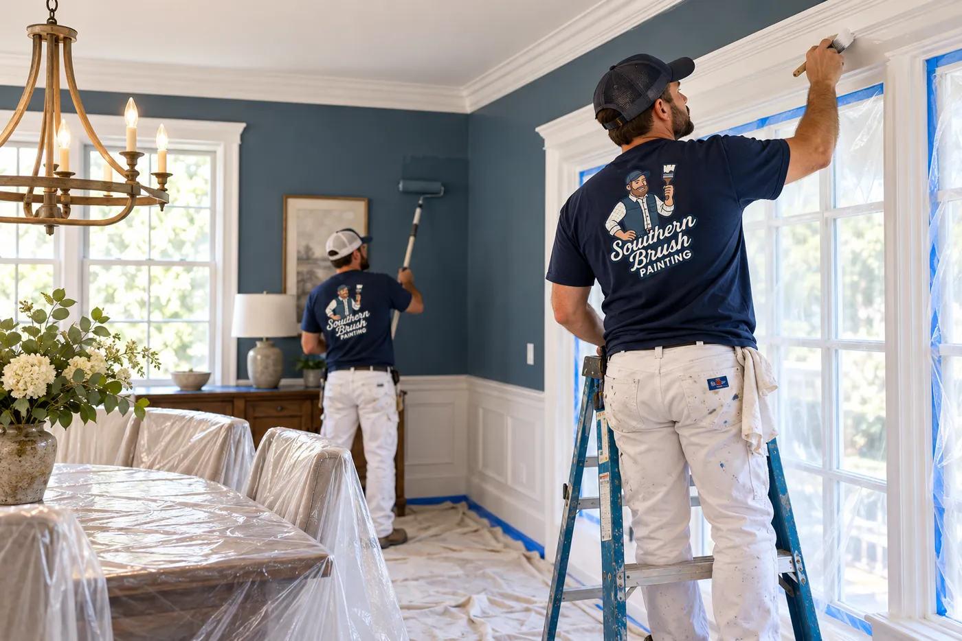 Painters painting a blue dining room and window trim