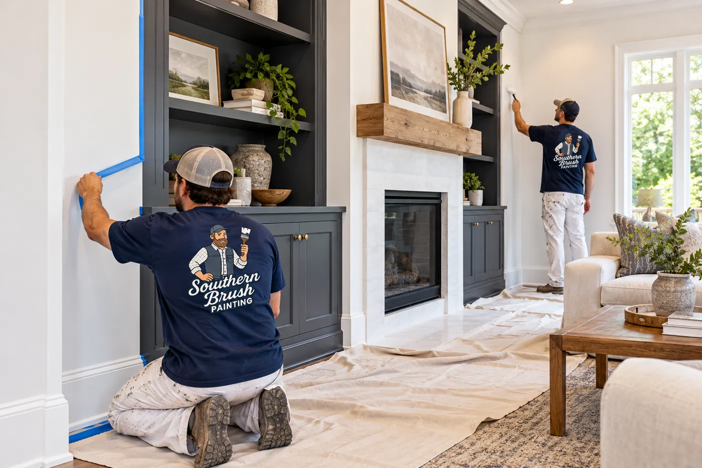 Painter taping a living room wall beside built-ins
