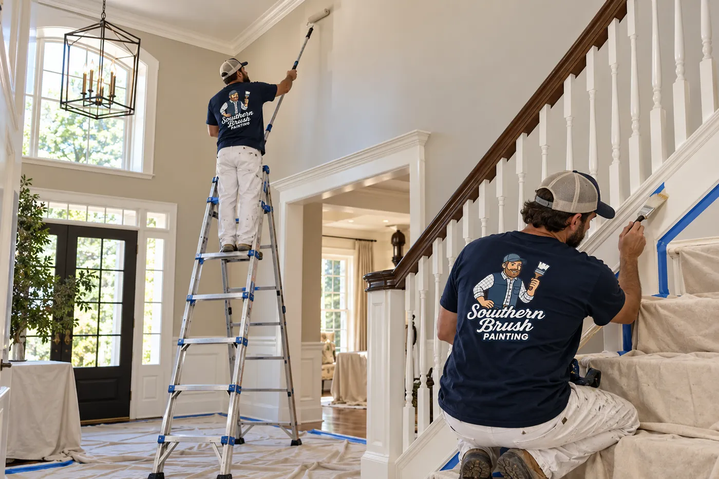 Painters rolling a two-story foyer and brushing stair trim
