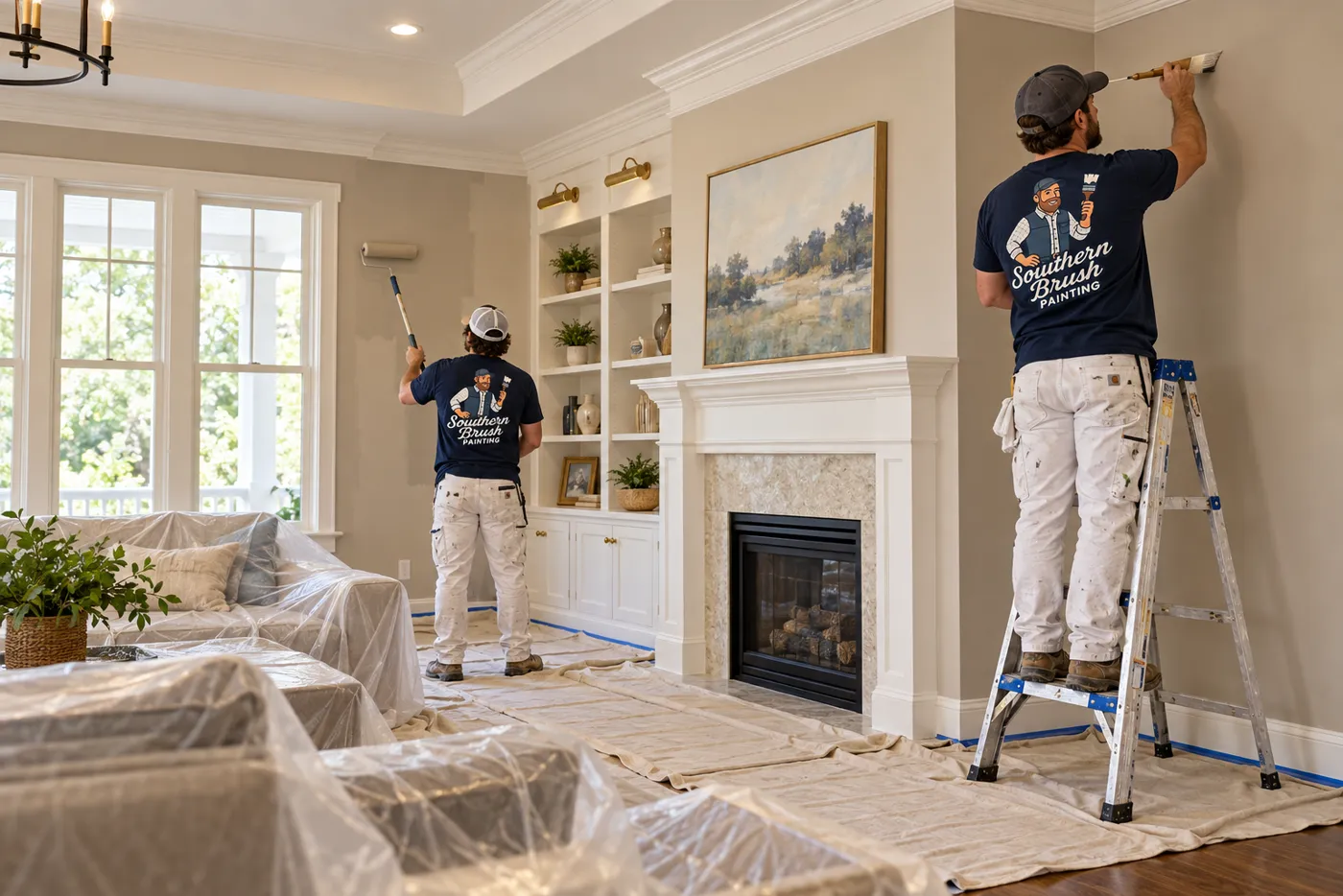 Painters painting a living room around a fireplace