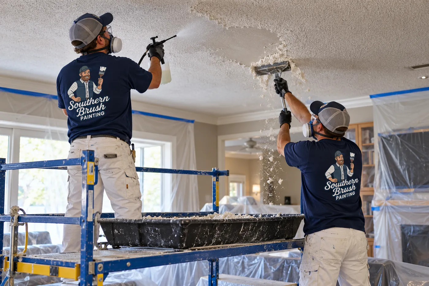 Painter scraping popcorn texture from a ceiling on scaffolding