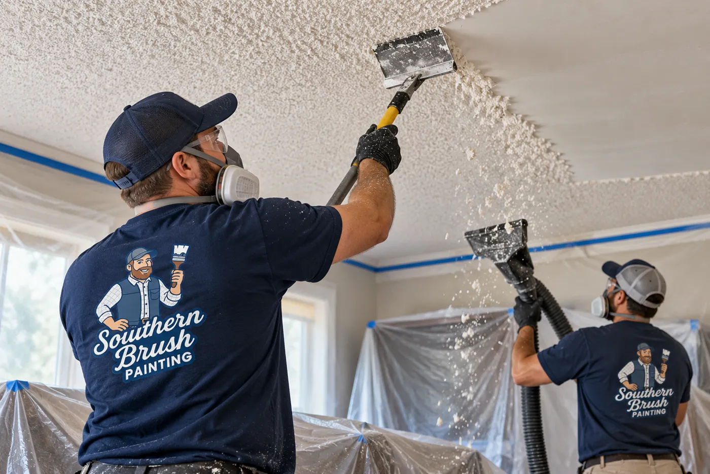 Painter wetting popcorn ceiling texture before scraping