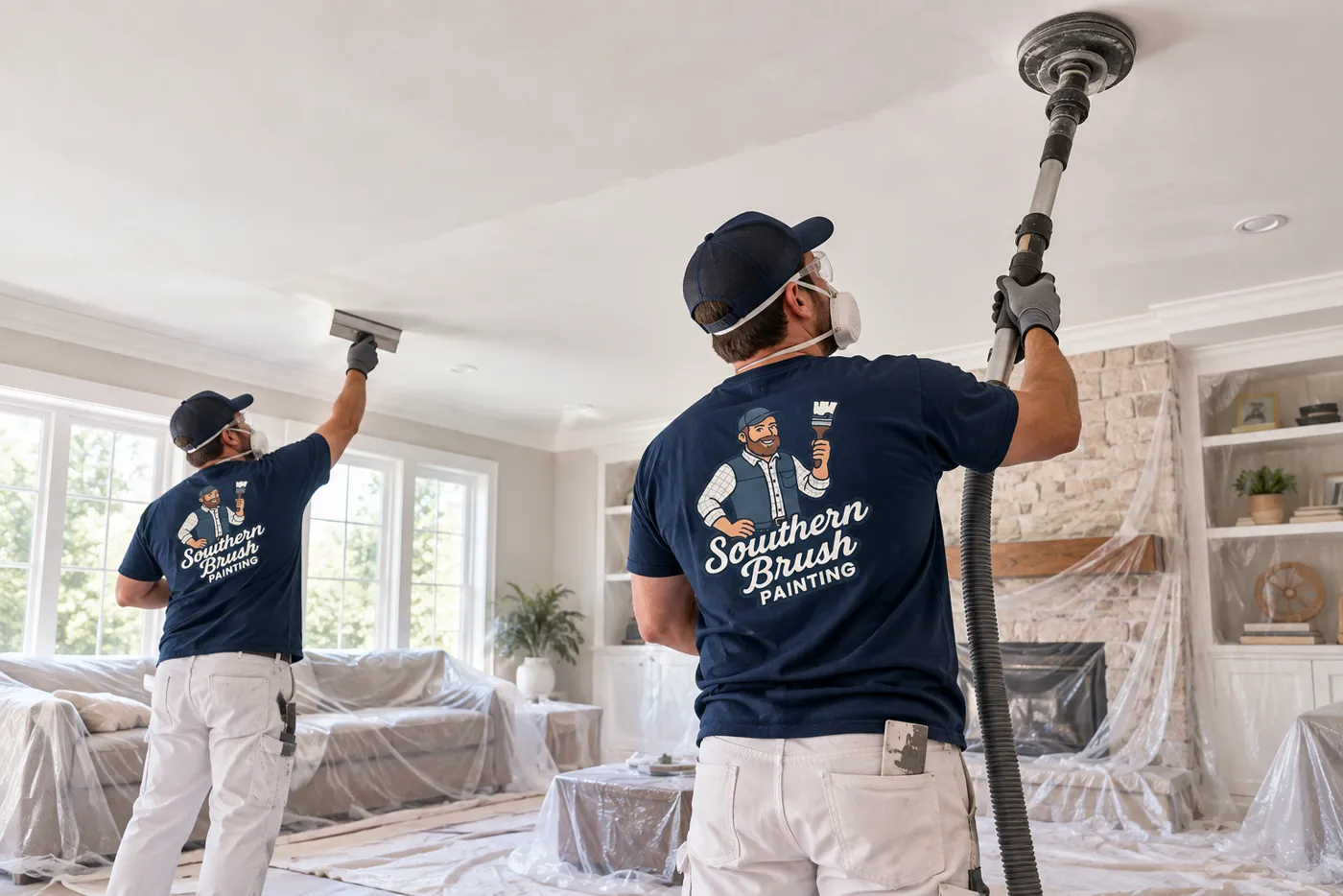 Painters vacuuming debris and sanding a smooth ceiling