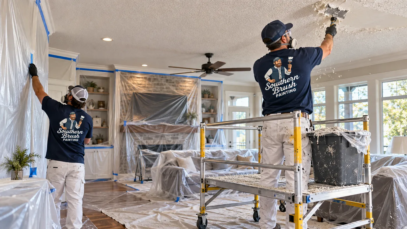 Living room draped in plastic during popcorn ceiling removal