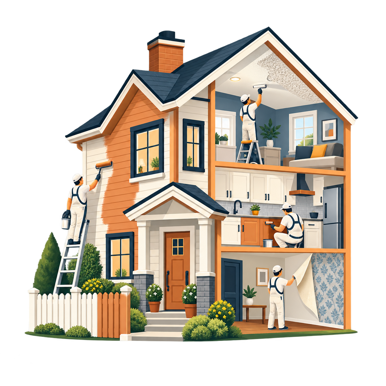 Illustrated cutaway home with Southern Brush painters working on its exterior, kitchen cabinets, interior walls and wallpaper