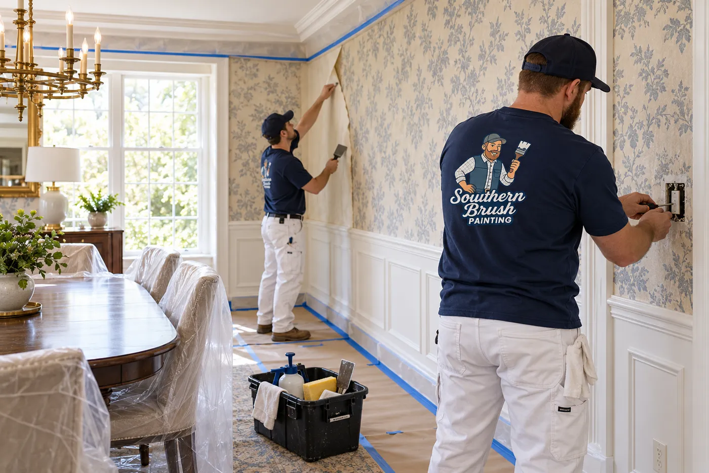 Painters peeling dining room wallpaper with floors masked