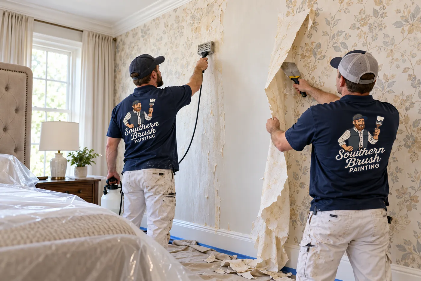 Painters steaming and scraping bedroom wallpaper
