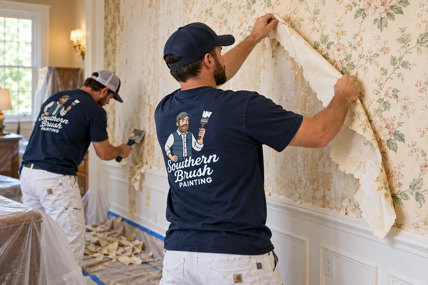Painter peeling floral wallpaper by hand