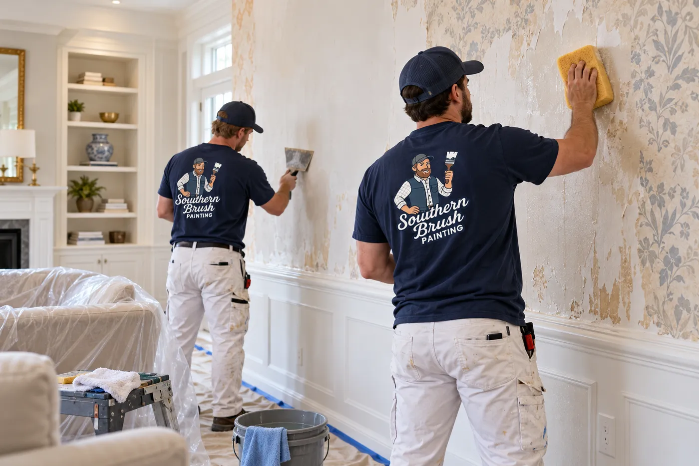 Painter sponging adhesive off a wall after wallpaper removal